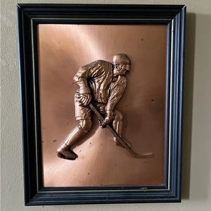 Vintage Copperama Hockey Player Wall Plaque 3-D Copper Art Framed